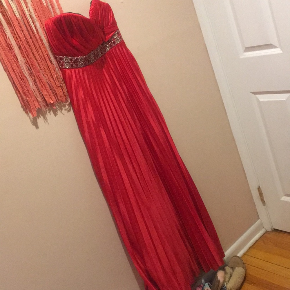 Red long strapless prom dress